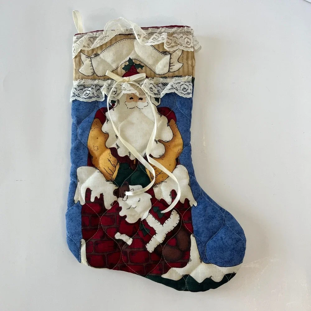 Vintage Quilted Santa Claus Christmas Stocking Lace Trim Victorian Country Decor